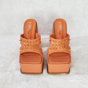 Good Will Orange Slip On Square Toe Chunky Platform Sandals With Spikes Ocho